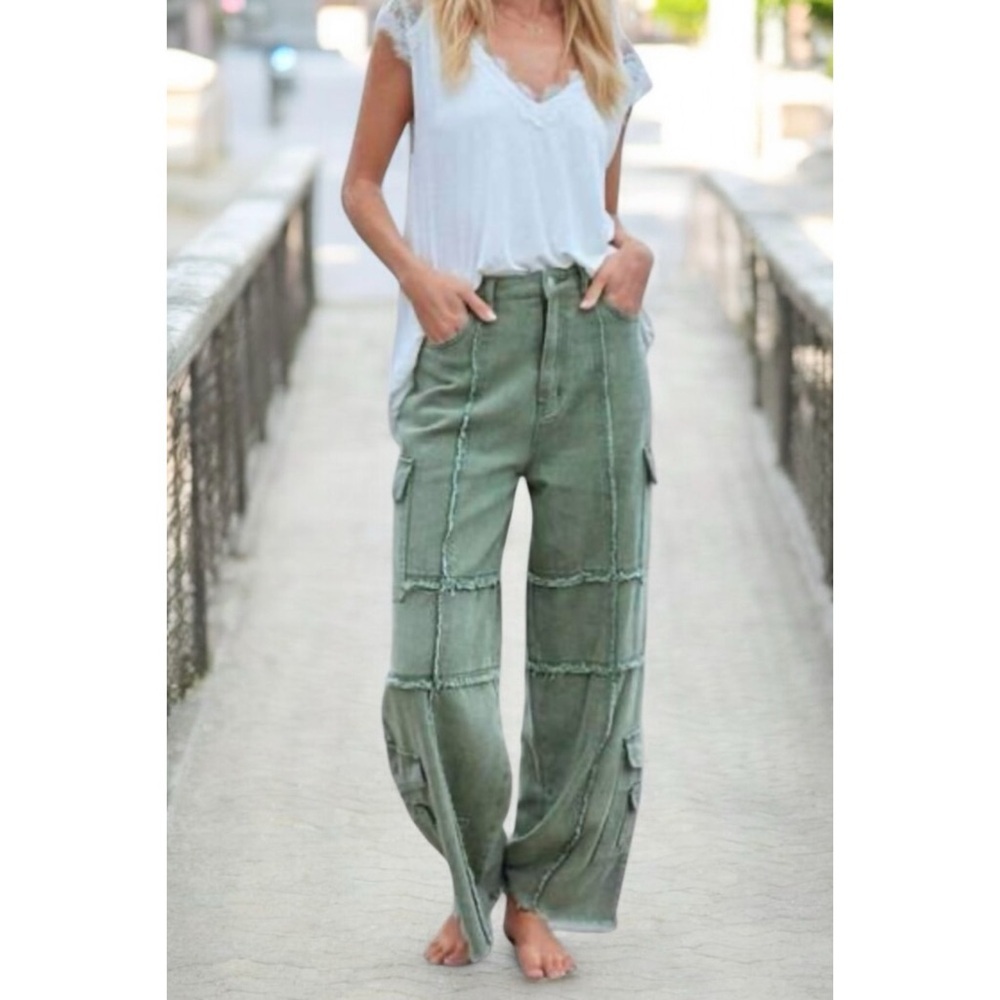 POL Faded Olive High Waist Straight Wide Leg Cargo Jeans - Picture 11 of 12